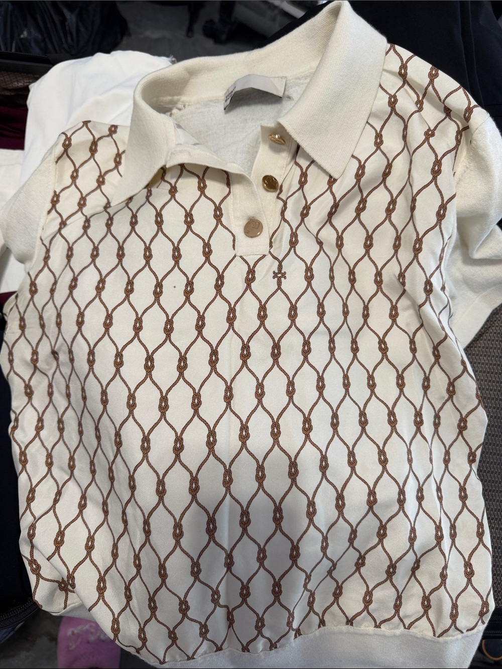 Tory Burch Cream Polo Top with Brown Lattice Pattern